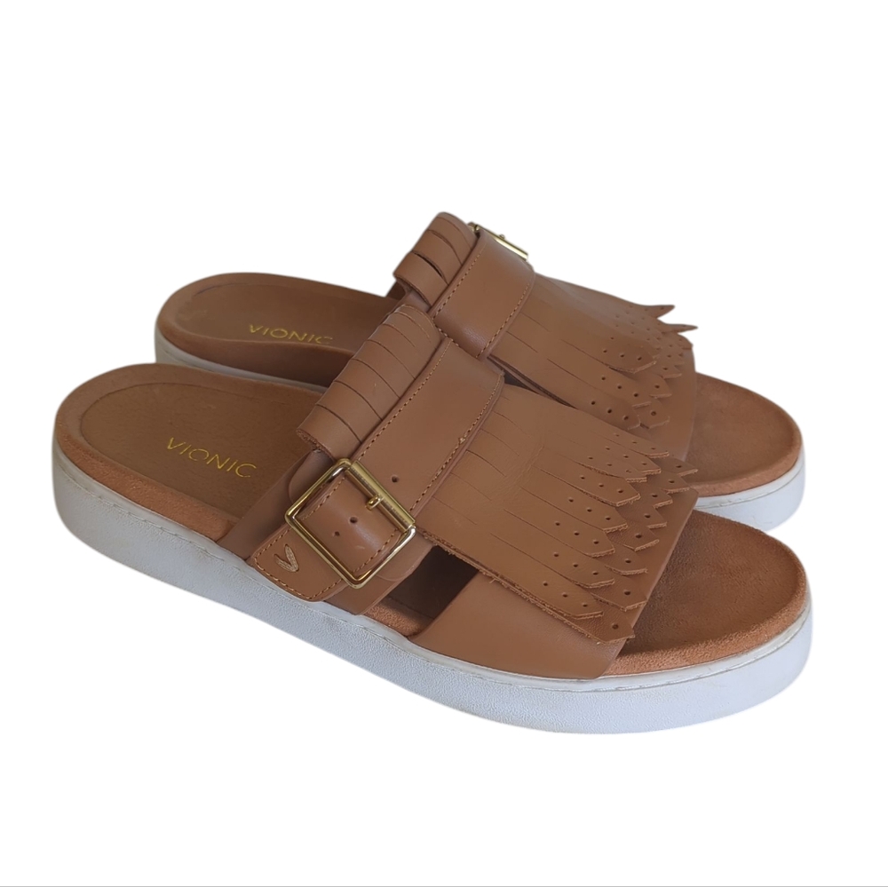 Vionic Fillmore Leather Suede Fringe Chunky Sole Slide Sandal 9 Tan Brown